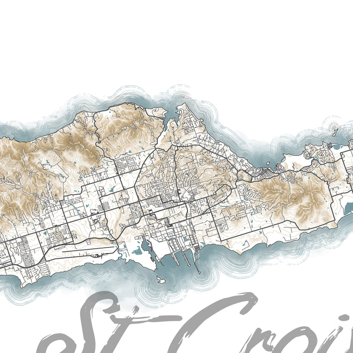 Map of a coastal city with topographic details on a white background