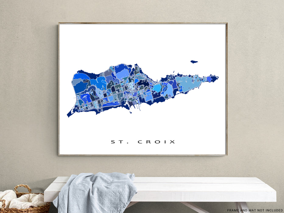 St. Croix USVI map print in a blue shapes design by Maps As Art.
