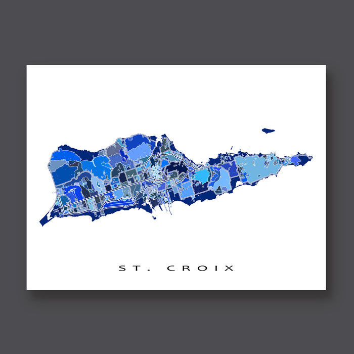Map of St. Croix with a blue color scheme on a white background