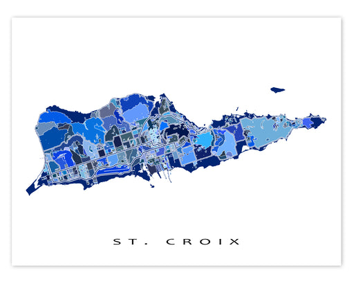 St. Croix USVI map print in a blue shapes design by Maps As Art.