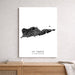 Map of St. Croix, US Virgin Islands on a white wall above a wooden shelf.