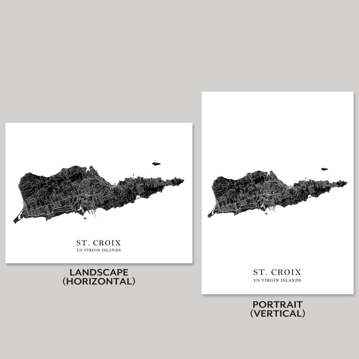 Two maps of St. Croix, US Virgin Islands, one in landscape and one in portrait orientation on a gray background.