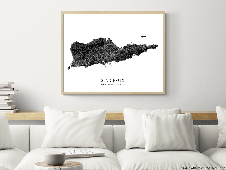 St. Croix US Virgin Islands map print with a black and white 3D topographic landscape design by Maps As Art.