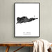 Framed map of St. Croix, US Virgin Islands on a wall above a wooden bench.