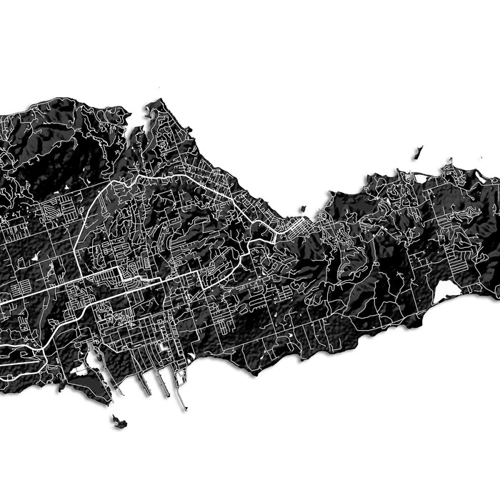 Black and white map of a city with roads and boundaries