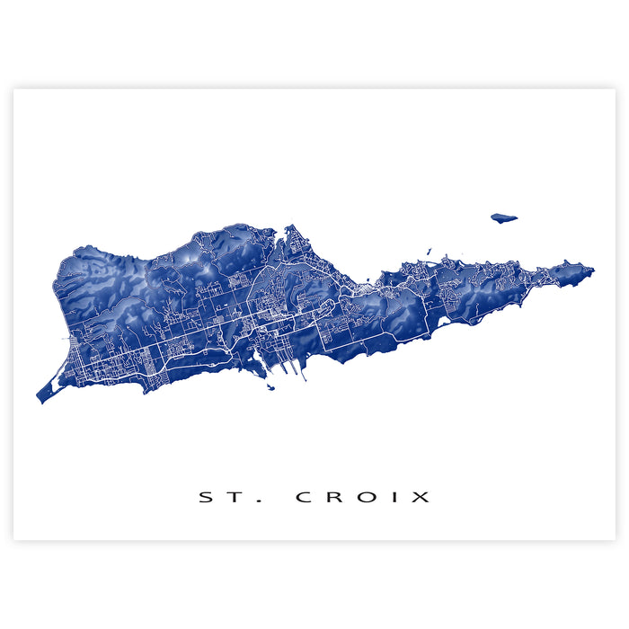 Map of St. Croix in blue on a white background