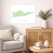 Living room with a map of St. Croix on the wall, a couch, and a wooden cabinet.