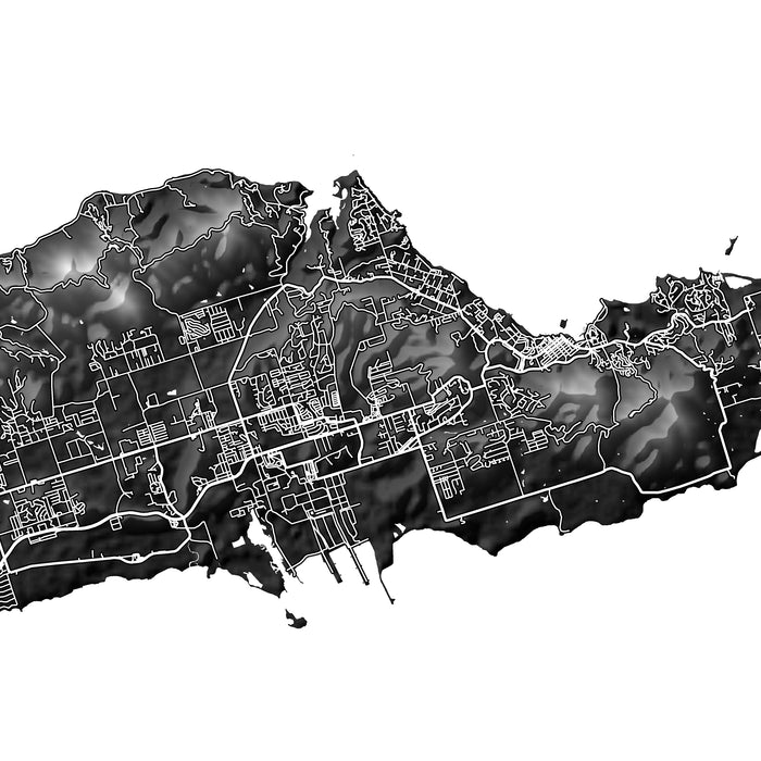 Black and white map of a coastal area with urban layout