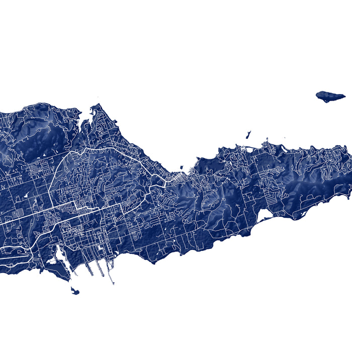 Navy blue map of a coastal region with roads and boundaries on a white background