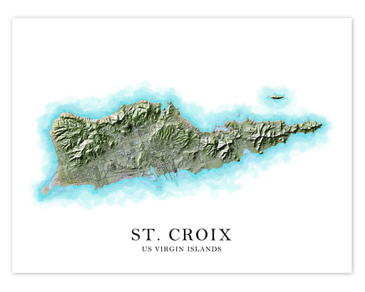 St. Croix, US Virgin Islands map print poster with a watercolour style design, main island roads and topographic landscape features by Maps As Art.