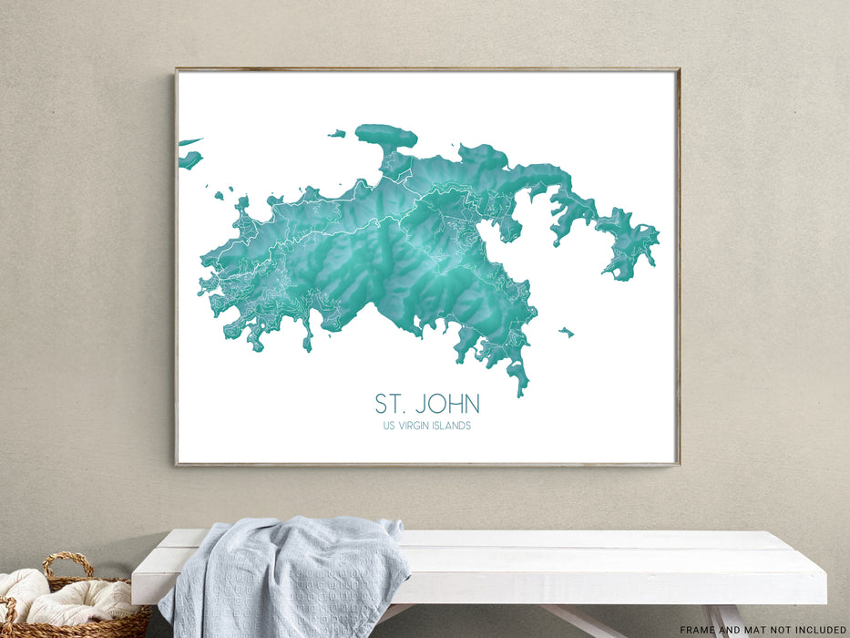 Framed map of St. John, U.S. Virgin Islands on a wall above a bench.