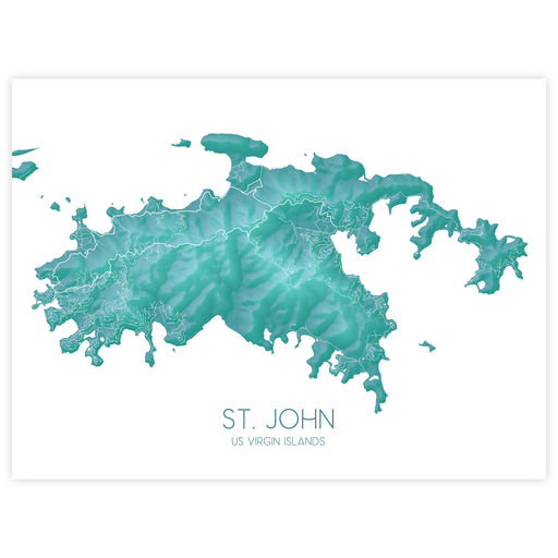 Map of St. John, US Virgin Islands with a turquoise design on a white background.