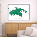 Framed map of St. John on a wall above a wooden cabinet and sofa.