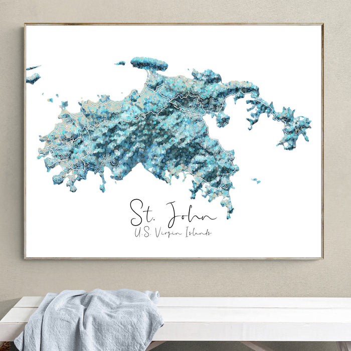 Framed artwork of a blue abstract design with 'St. John U.S. Virgin Islands' text on a wall.