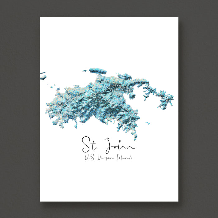 Map of St. John, U.S. Virgin Islands with blue watercolor design on a white background