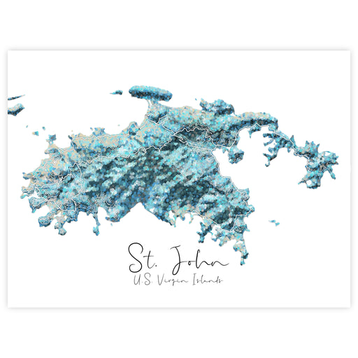 Map of St. John, U.S. Virgin Islands with a blue watercolor design on a white background.