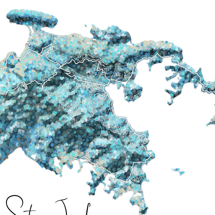 Map of St. John's with a blue mosaic pattern on a white background