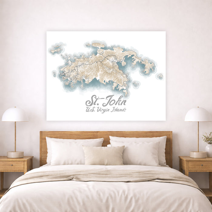 Contour map of St. John U.S. Virgin Islands on a wall above a bed with wooden headboard and nightstands.