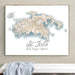 Framed contour map of St. John, U.S. Virgin Islands on a wall above a white surface.