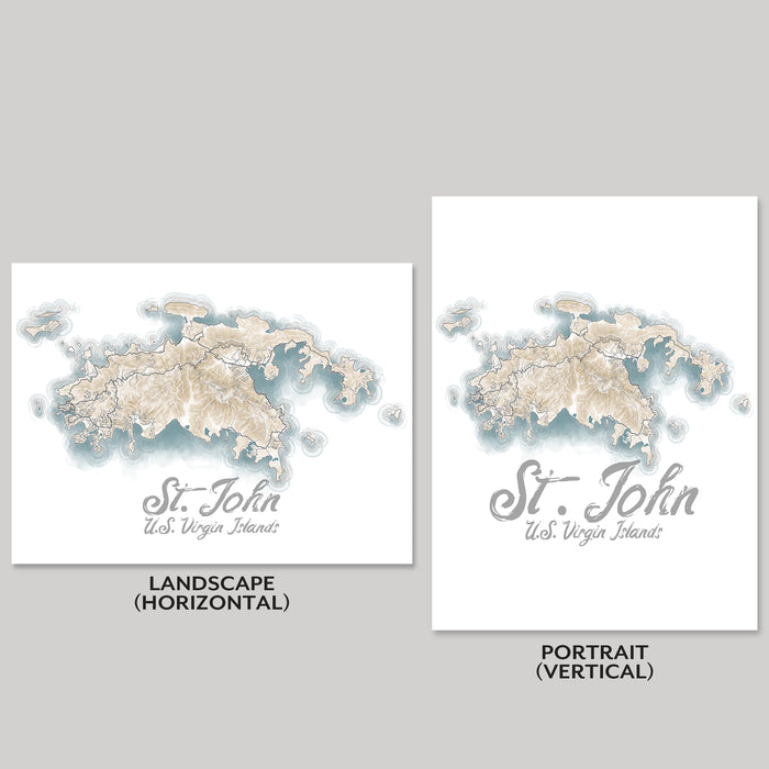 Two map prints of St. John, U.S. Virgin Islands, one landscape and one portrait orientation, on a gray background.