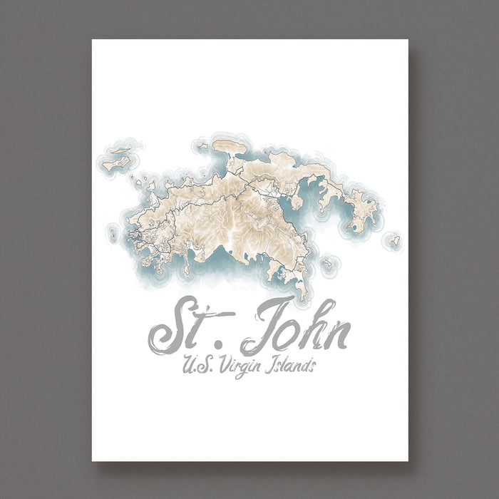 Map of St. John, U.S. Virgin Islands on a white background with gray text.