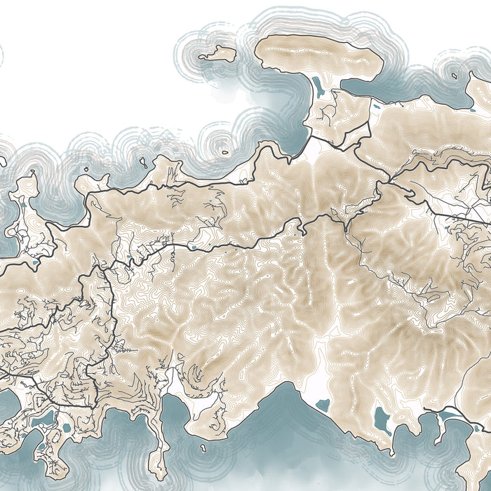Topographic map with beige landmasses and blue water