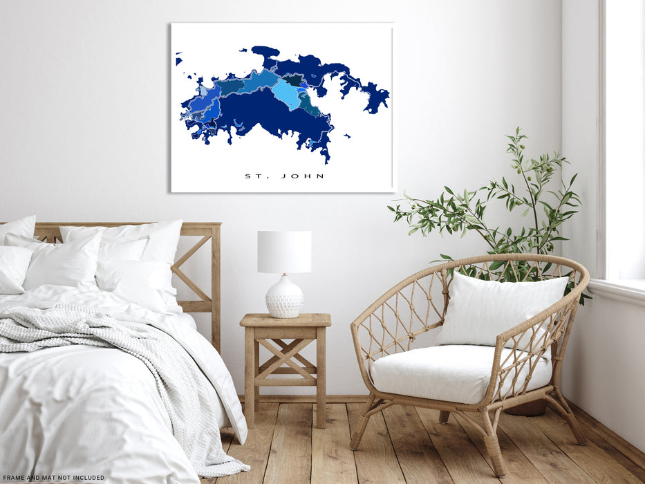 St John USVI map print in a blue shapes design by Maps As Art.