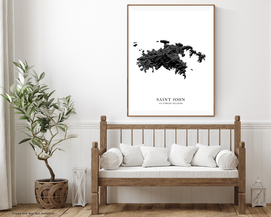Saint John, US Virgin Islands map print with a black and white 3D topographic landscape design by Maps As Art.