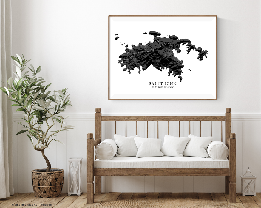 Saint John, US Virgin Islands map print with a black and white 3D topographic landscape design by Maps As Art.