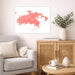 Living room with a gray sofa, wooden cabinet, and decorative items including a pink abstract art print.