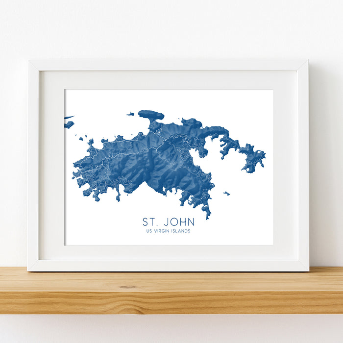 Framed map print of St. John, US Virgin Islands on a white wall.
