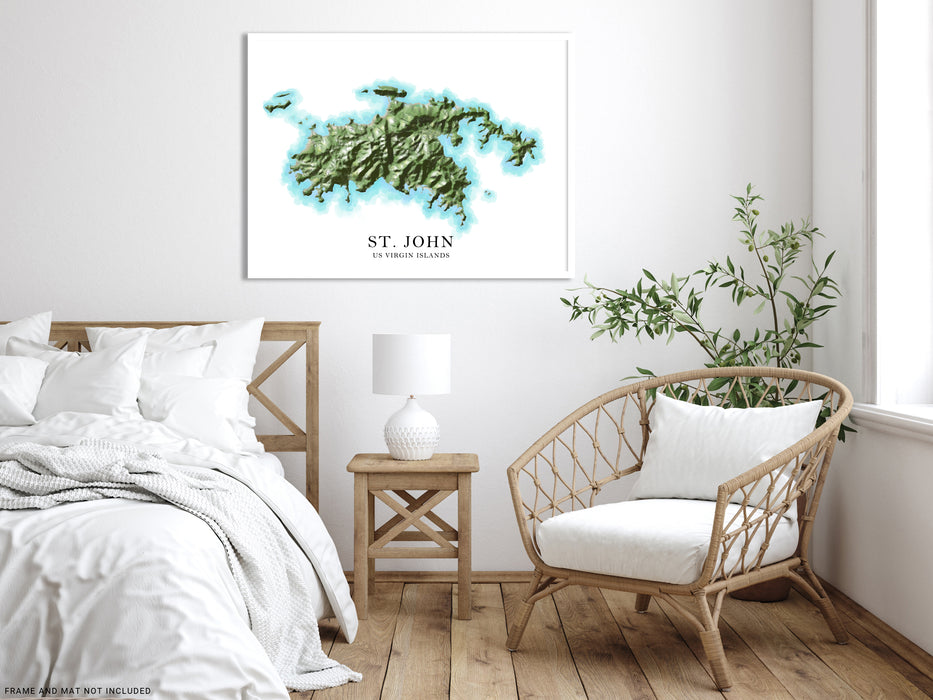 St. John, US Virgin Islands map print poster with a watercolour style design, main island roads and topographic landscape features by Maps As Art.