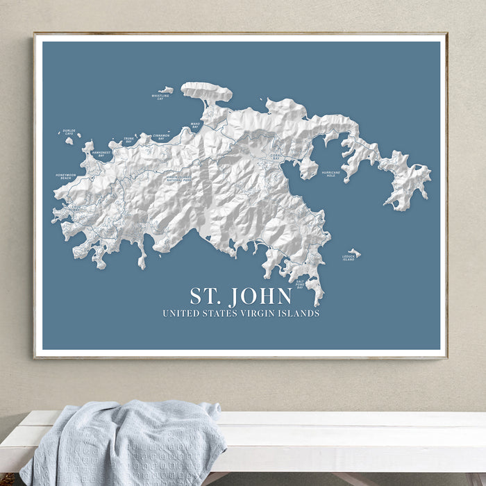 Framed map of St. John, United States Virgin Islands on a blue background