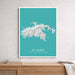 Topographic map of St. John, United States Virgin Islands on a teal background, framed and leaning against a wall.