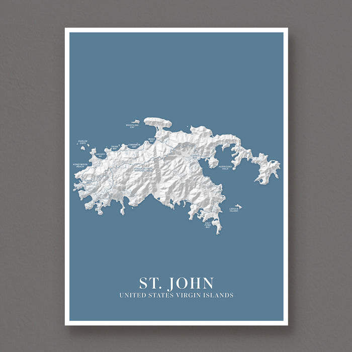 Map of St. John, United States Virgin Islands on a blue background
