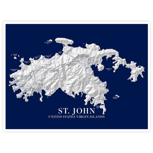 Topographic map of St. John, United States Virgin Islands on a blue background