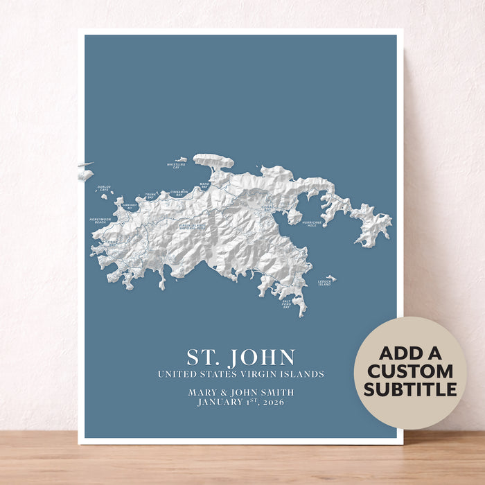 Map of St. John, U.S. Virgin Islands on a blue background with customizable text.