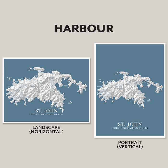 Two map prints of St. John, United States Virgin Islands, one landscape and one portrait orientation, on a gray background.