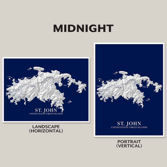 Two map prints of St. John, United States Virgin Islands, on a gray background with 'Midnight' text.