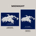 Two map prints of St. John, United States Virgin Islands, on a gray background with 'Midnight' text.