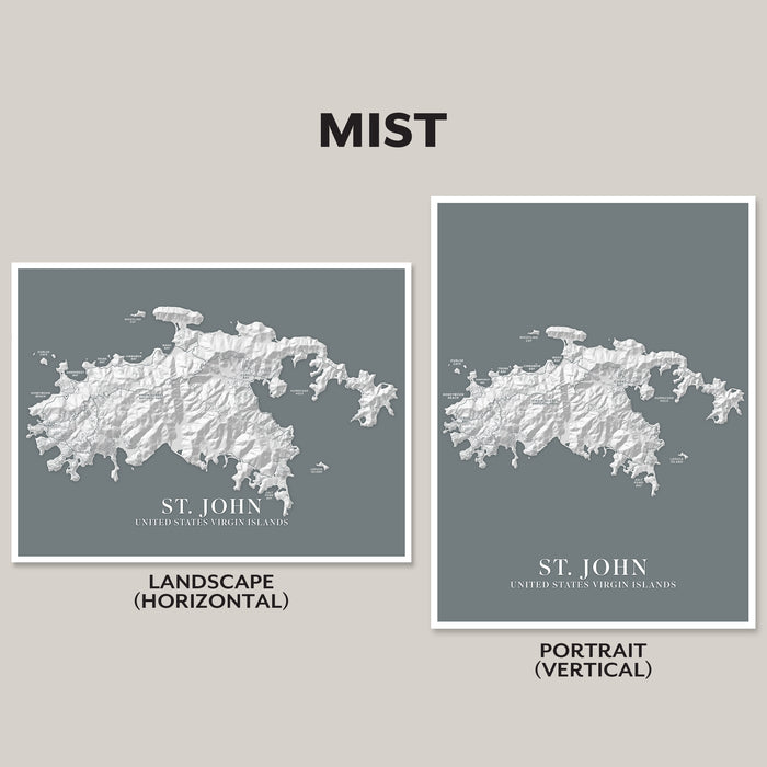Two map prints of St. John, US Virgin Islands, on a gray background with 'MIST' branding.