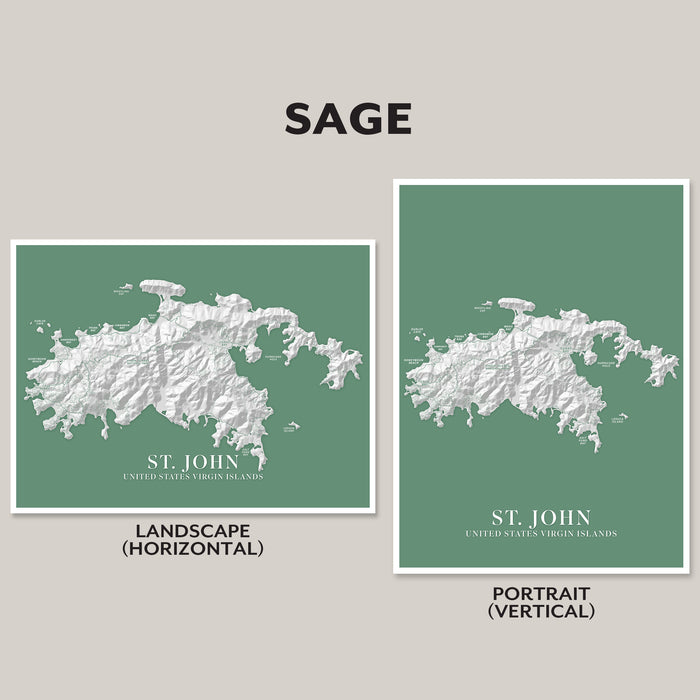 Two green maps of St. John, USVI, one landscape and one portrait, on a gray background with 'SAGE' branding.