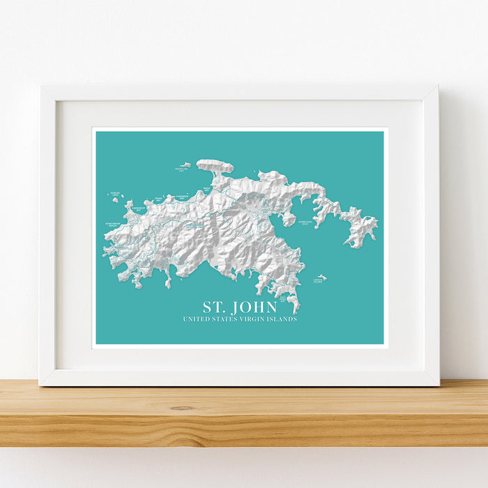 Framed topographic map of St. John, United States Virgin Islands on a teal background.