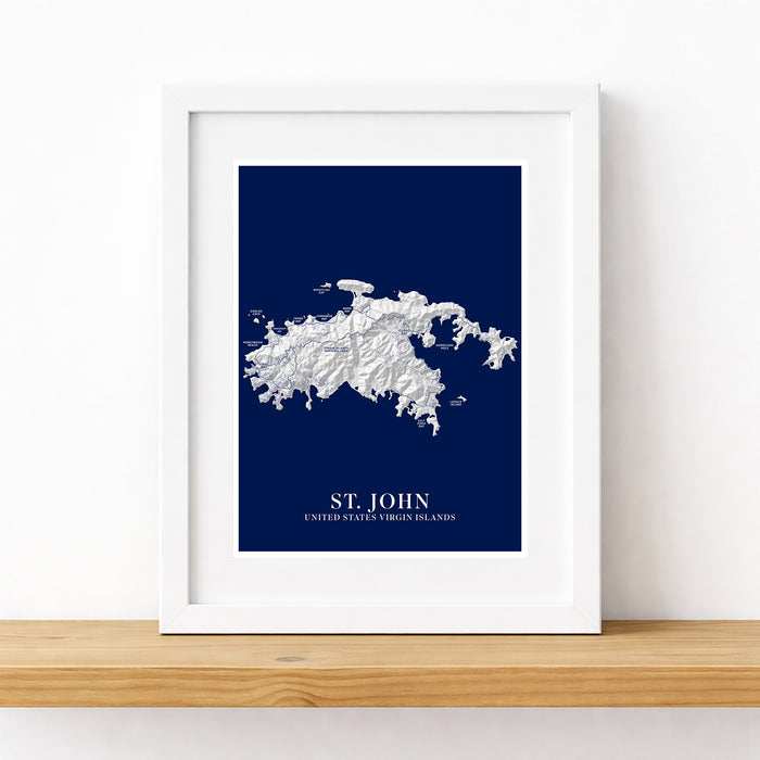 Framed map of St. John, United States Virgin Islands on a white background