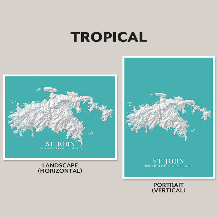 Two maps of St. John, U.S. Virgin Islands, on a gray background with 'Tropical' text above.