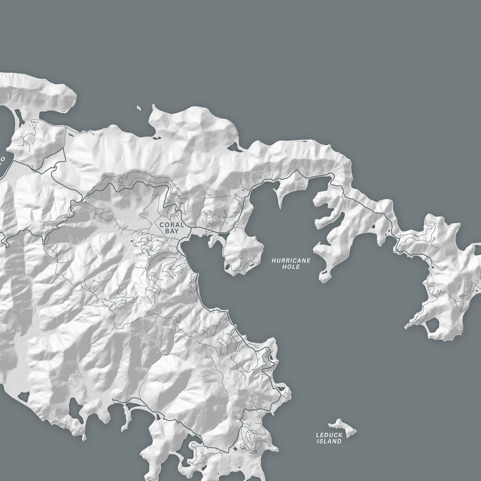 Topographic map of a coastal area with labeled features on a gray background