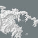 Topographic map of a coastal area with labeled features on a gray background