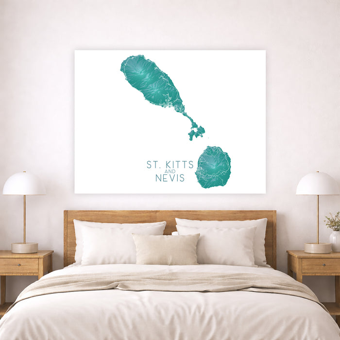 Bedroom with a map of St. Kitts and Nevis on the wall above a bed.