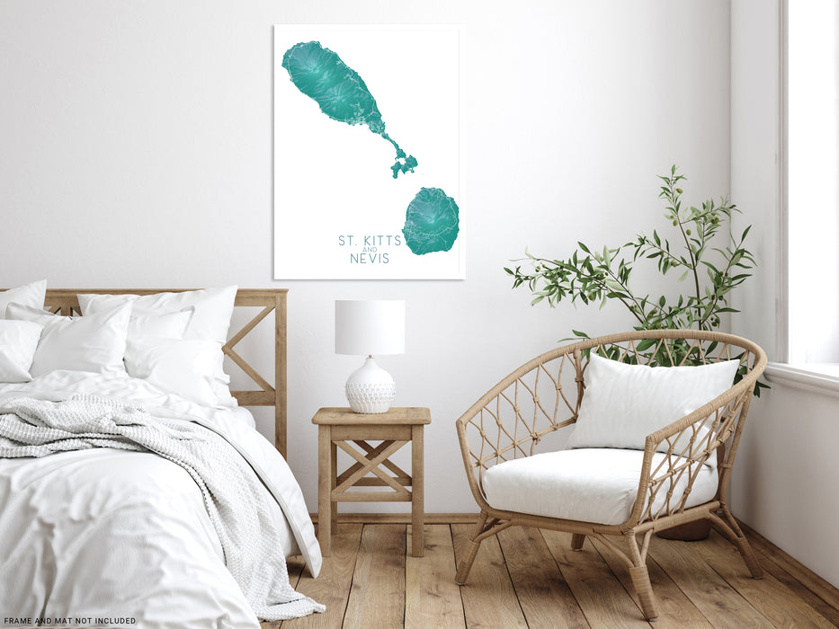 St. Kitts and Nevis map print with a turquoise topographic design by Maps As Art.