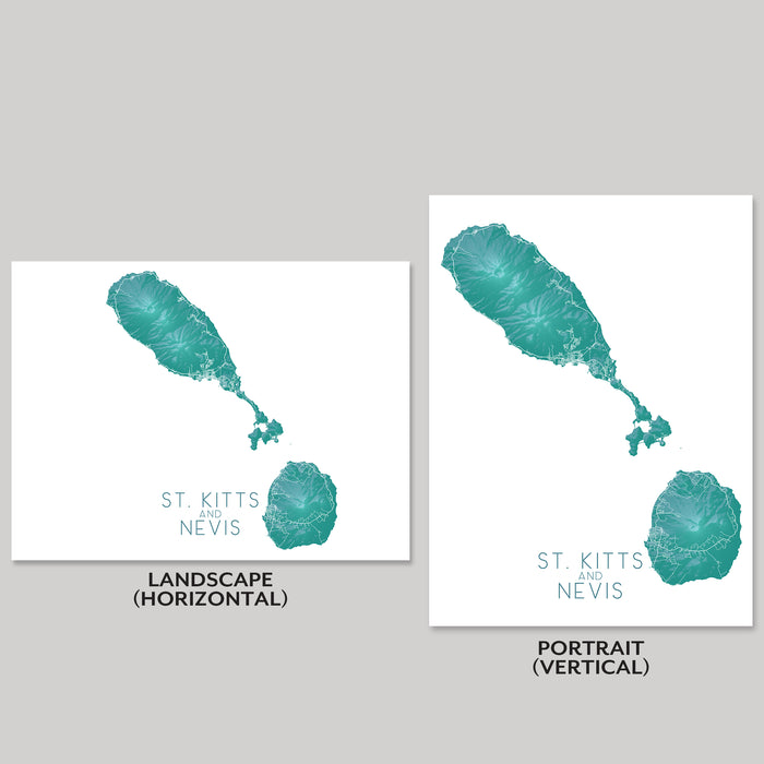 Two maps of St. Kitts and Nevis on white backgrounds with text indicating landscape and portrait orientations.